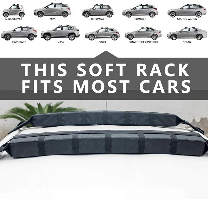 Kayak Roof Rack Pads Deluxe Upgrade Universal Car Soft Roof Rack for Canoe/Paddle Board/SUP with Adjustable Steady Tie-Down Straps/Ropes/Hooks/T-Straps and Storage Bag