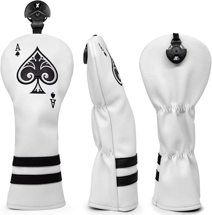 Ace Wood Club Headcover - 3pcs or 1pc - Driver/Fairway Woods/Hybrid Rescue - White Leather Golf Club Cover
