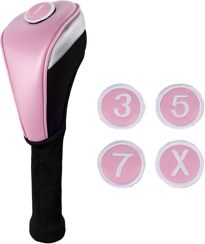 Andux 3pcs/Set PU Golf Wood Club Head Covers with Long Neck | for 460cc Driver Fairway Wood Club with Hook & Loop No. Tags Coloured Piping Pull-On Closure