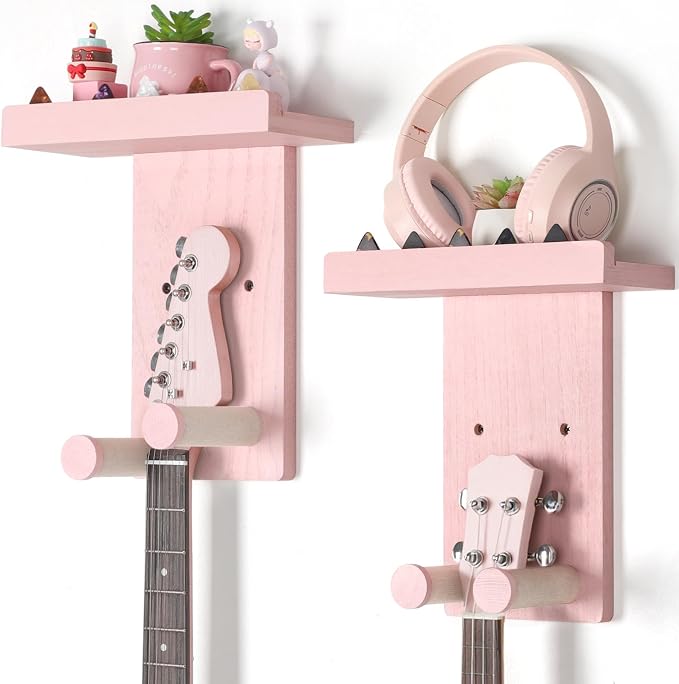 Keebofly 2-Pack Guitar Wall Mount Hanger with Shelf & Pick Holder - Wood Wall Hook for Acoustic, Electric, Bass Guitars, Ukulele (Screw-Mounted, Pink) [Patented]