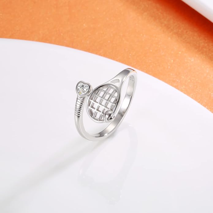 925 Sterling Silver Basketball Softball Baseball Football Tennis Racket Ring Adjustable Sports Jewelry Gifts for Women Player Mom