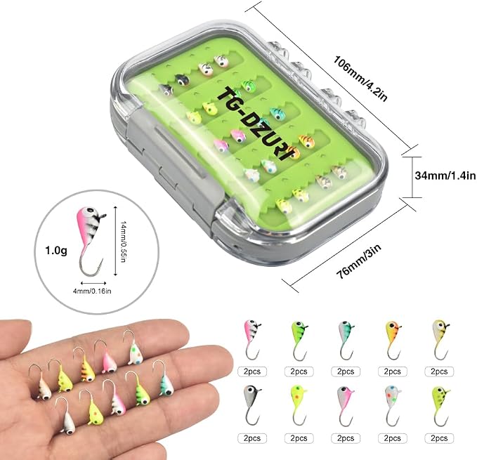 Tungsten Ice Fishing Jigs Kit, 3.2/4/5mm Glow in Dark Tear Drop Ice Fishing Lure Jigs with Waterproof Two-Sided Jig Box Assortment 20/24/30