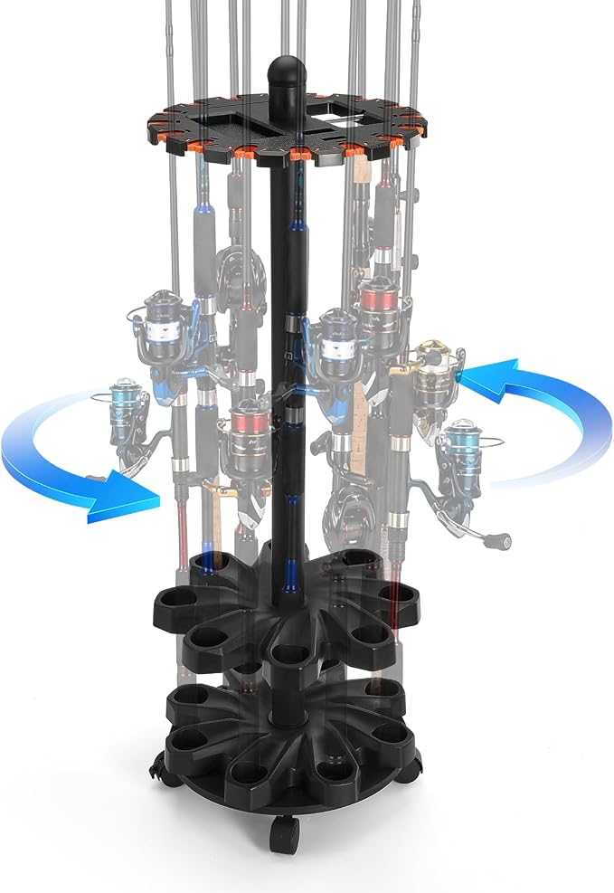 Fishing Rod Holder for Garage Storage, Holds Up to 16 Rods | Fishing Pole Holders, 360 Degree Rotating Pole Rack with Wheels for Ground, Fishing Pole Storage