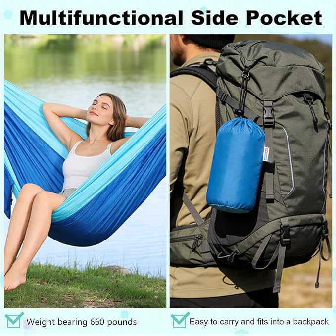 Camping Hammock, Portable Hammocks with Tree Straps & Attached Carry Bag, Travel Tree Hammocks for Outside Indoor Hiking Beach Backpack Travel(Blue, Nylon)