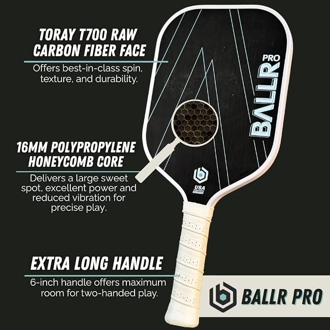 BALLR Pro Pickleball Paddle with T700 Carbon Fiber Surface for Increased Spin and Control - USAPA Approved