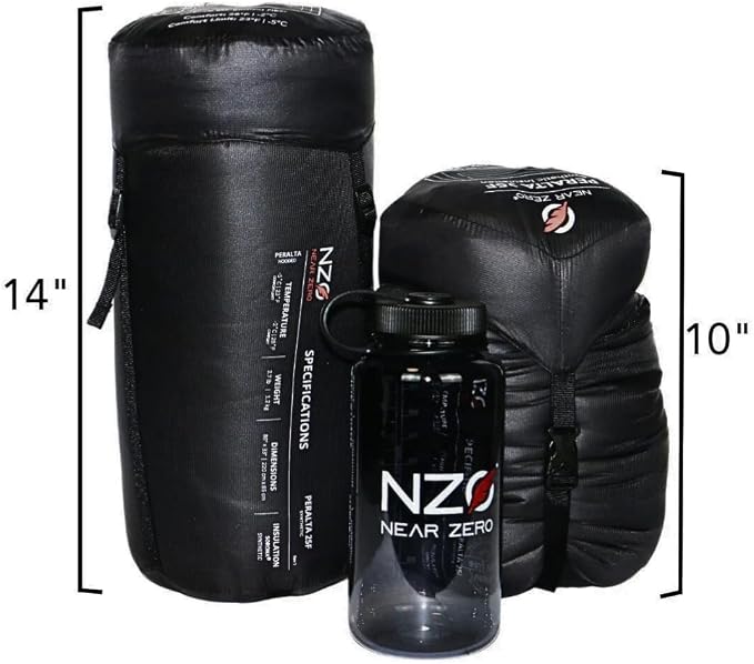 Near Zero Peralta 25°F Lightweight Sleeping Bag – Sorona Insulation for Outdoor Camping, Compact 2.5 lb Design, 20D Ripstop Nylon Shell – 86"x33", Compresses to 10"x6"