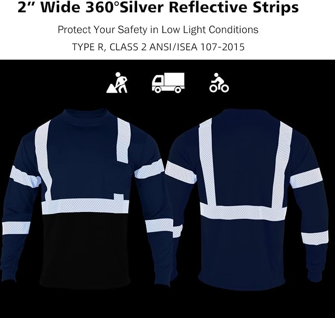 VENDACE Safety T Shirts Reflective High Visibility 3 Pack Hi Vis Long Sleeve Construction Work Shirts for Men (Royal Blue,XL)