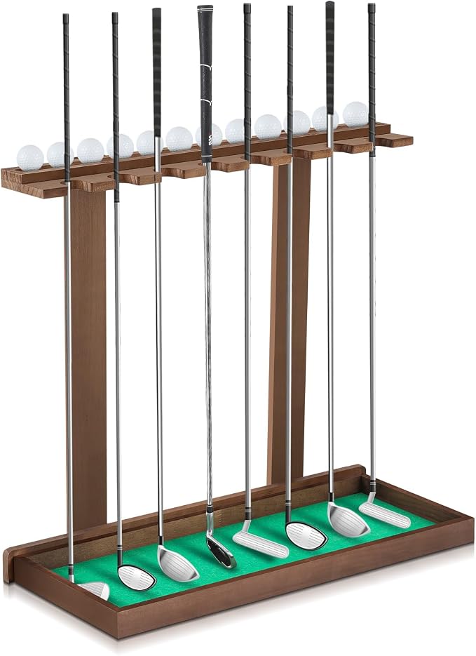 Blosssound Golf Putter Stand for 8 Clubs & 12 Balls Wooden Golf Club Holder Golfs Rack Display Organizer Storage with Artificial Grass Mat for Sports Indoor Home Garage Accessories