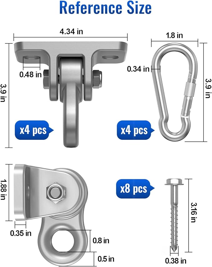 Heavy Duty Swing Hangers, Indoor-Outdoor Hooks, 4-Pack | Corrosion Resistant, 5000+ lb Capacity, For Porch Swings, Yoga, Playgrounds, Trapeze, Hammocks, Punching Bags