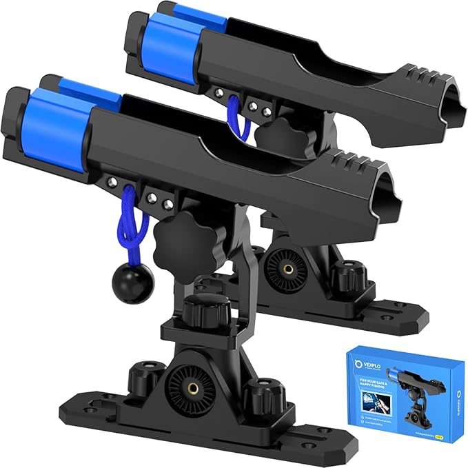 VEXPLO Fishing Rod Holders for Boat Kayak with Dual-Lock Bungee System, Ultra-Stable Dual T Bolt Base Fishing Pole Holders, Universal Top/Side Track & Deck Mount for Boats, Canoe & Kayaks