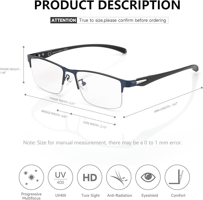 SKYOAK 2 Pack Premium Quality Progressive Multifocus Half Frame Reading Glasses for Men, No-Line Blue Light Blocking Computer Readers Multifocal Eyeglasses with TR90 Temples, Blue and Brown +1.25x