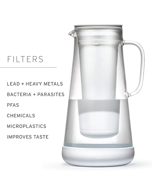 LifeStraw Home — Water Filter Pitcher, 7-Cup, White, Glass with Silicone Base, BPA Free Designed for Everyday Protection Against Bacteria, Parasites, Microplastics, Lead, Mercury