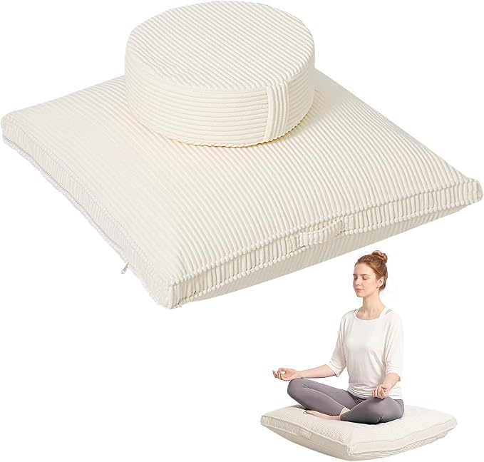 Meditation Cushion Set, Large Meditation Pillow with Ergonomic Support Prayer Pad, Modern Zafu & Zabuton Set to Mindfulness, Yoga, Removable Corduroy Cover, Beige, 32in
