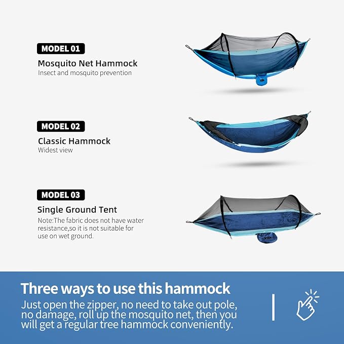 Hammock with Mosquito Net - Lightweight, Portable, 1 Person Hammock - for Camping, Hiking, Backpacking, Travel, a Festival, or The Beach (Blue)