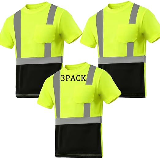 sesafety 3PACK High Visibility Shirts for Men, Class 3 Hi Vis Reflective Construction Shirts for Men with Pocket Safety T Shirts