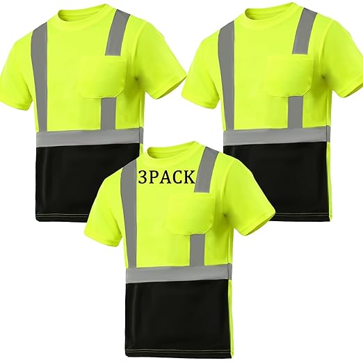 sesafety 3PACK High Visibility Shirts for Men, Class 3 Hi Vis Reflective Construction Shirts for Men with Pocket Safety T Shirts