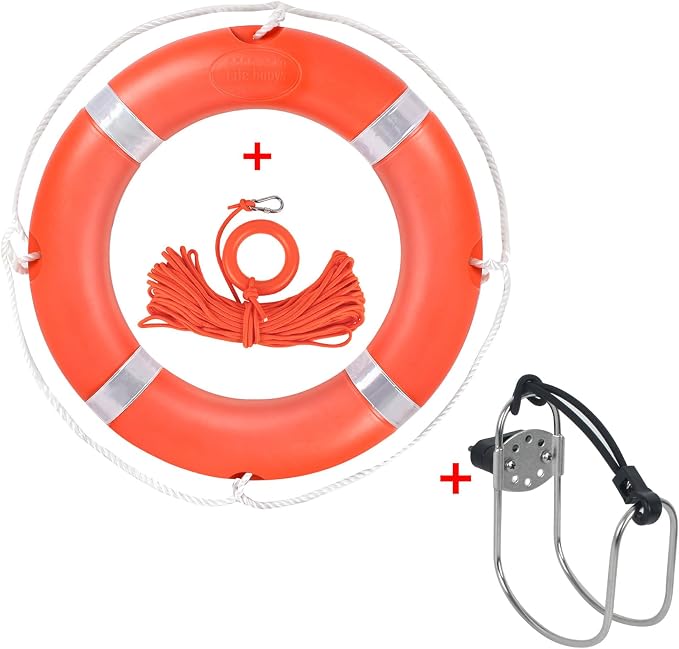 Life Preserver Ring 23"/28", Boat Safety Throw Rings with Bracket, Orange Buoy with Rope 98.5 FT and Reflective Tape for Boat