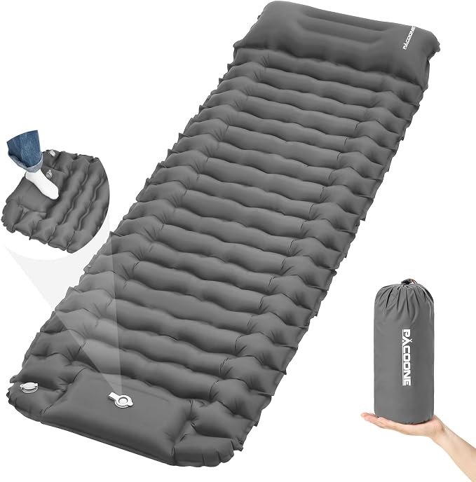 Camping Sleeping Pad, Connectable Design for Double Mat, Ultralight Inflatable Sleeping Mat with Pillow, Built-in Foot Pump, Portable Camping Air Mattress for Backpacking Hiking Tent (Grey)