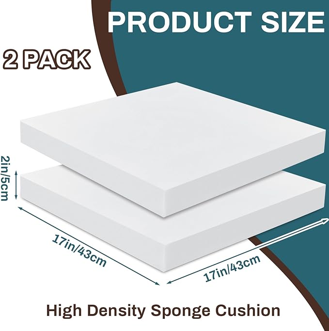 Frienda 2 Pack 2" x 17" x 17"Upholstery High Density Foam Cushion Replacement Square Cut to Size Foam Couch for Chair Couches Padding Shipping Packing DIY Cosplay Projects(White)