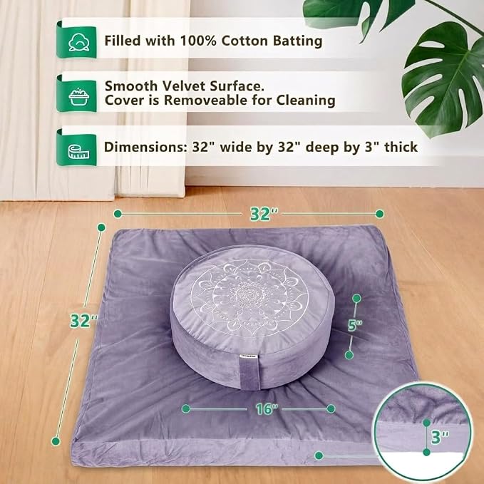 Hihealer Meditation Cushion, Traditional Tibetan Meditation Pillow Velvet Cover - Large Floor Cushion Seating for Adults - Yoga Buckwheat Bolster for Women、Moms