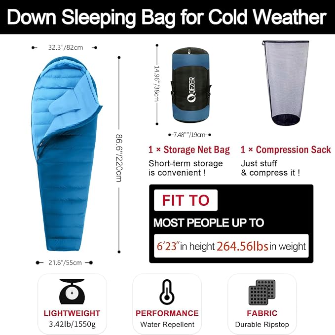 Ultralight Down Sleeping Bag for Adults with 600 Fill Power, Compact All Seasons Sleeping Bag for Backpacking, Hiking and Camping