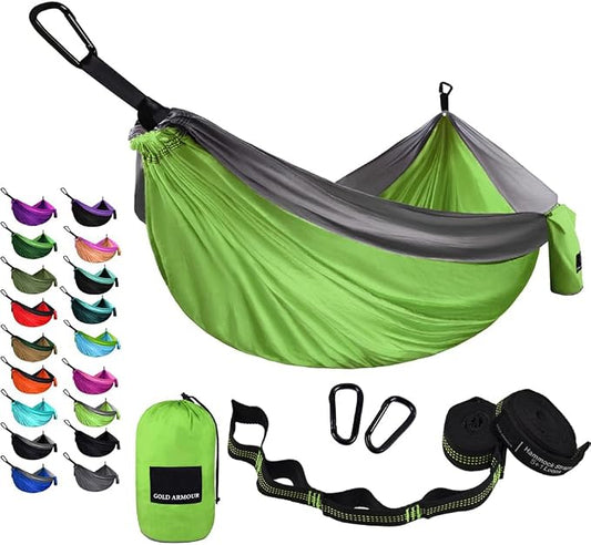 Gold Armour Camping Hammock - Portable Hammock Single Hammock Camping Accessories Gear for Outdoor Indoor Adult Kids, USA Based Brand (Lime Green & Grey)