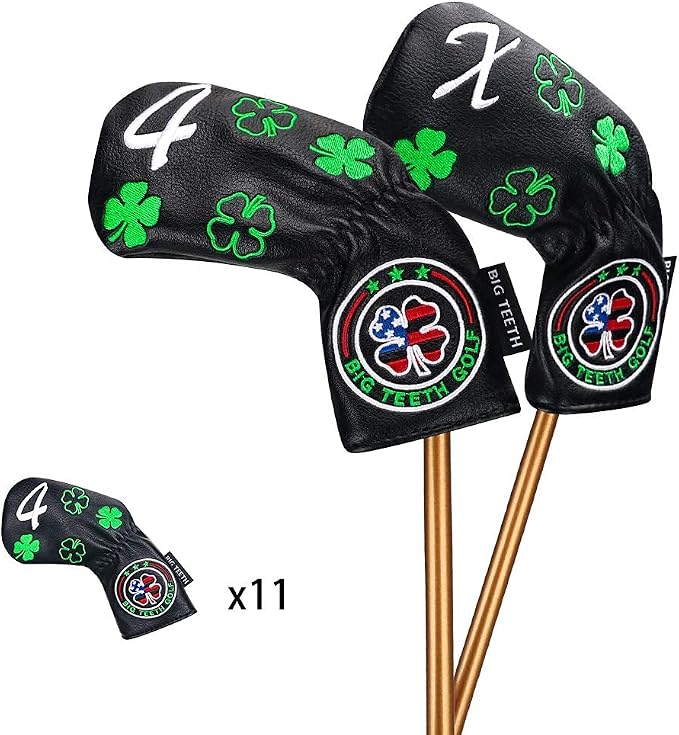 Big Teeth Golf Iron Covers Iron Head Covers, Lucky Clover Iron Covers Long Neck Golf Iron Head Covers, 11Pcs Golf Iron Covers Set Golf Club Covers for Irons Fit Taylormade SIM Cleveland Etc
