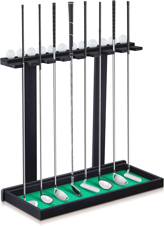 Blosssound Golf Putter Stand for 8 Clubs & 12 Balls Wooden Golf Club Holder Golfs Rack Display Organizer Storage with Artificial Grass Mat for Sports Indoor Home Garage Accessories