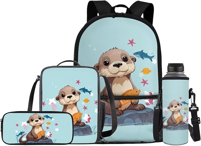 Sea Otter Backpack for Girls School Bag with Lunch Bag Pencil Case Water Bottle Holder 4PCS School Daypack Travel Bag Satchel Bagpack Back to School Supplies