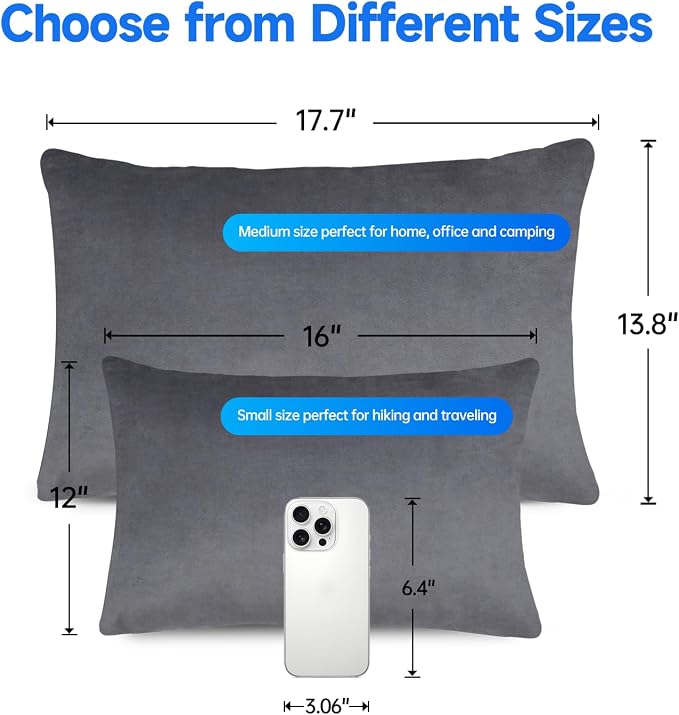 Camping Pillow,Compressible Small Shredded Memory Foam Pillow,Travel Pillow for Airplane,Backpacking and Hiking Grey Small 1 pcs