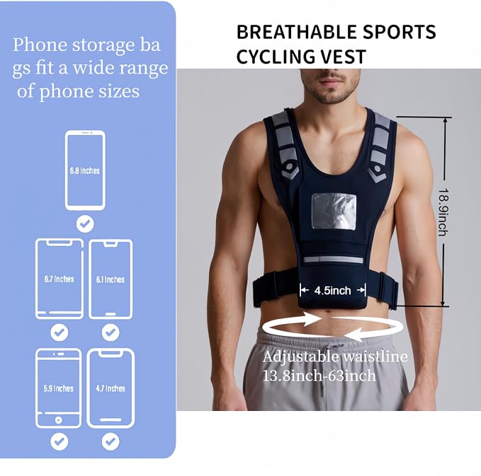 Breathable Sports Cycling Vest with Phone Storage, Reflective Material, Adjustable Waistline 13.8-63 inch, Unisex