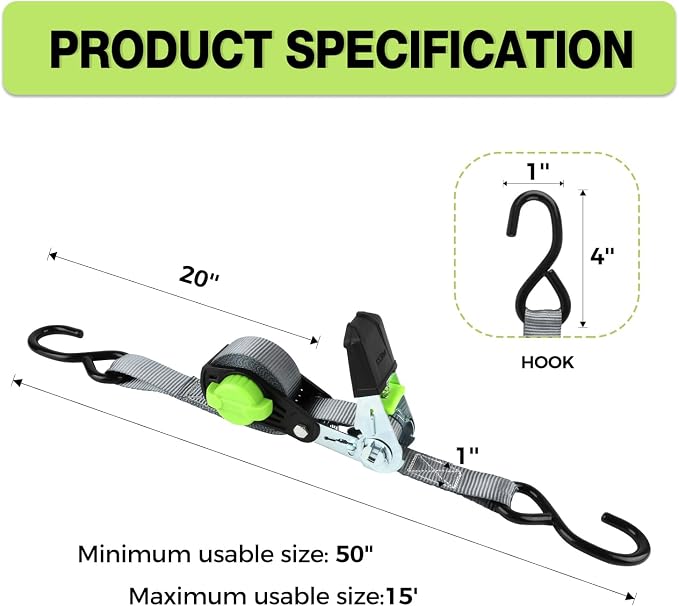 Ratchet Straps Heavy Duty 4 Pack -1in x 15 FT - 1500 LB Break Strength – with Chromoly S Hooks - Cargo Straps for Moving, Appliances, Motorcycle-Self-Storing NeatStrap