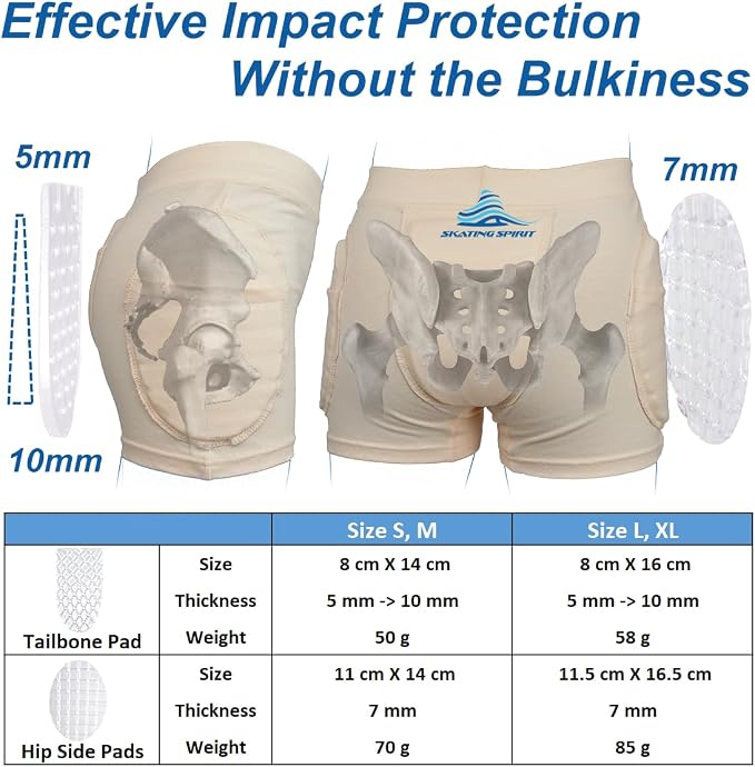 SkatingSpirit Slim Padded Figure Skating Shorts, Hip Tailbone Gel Pad Protective Underwear