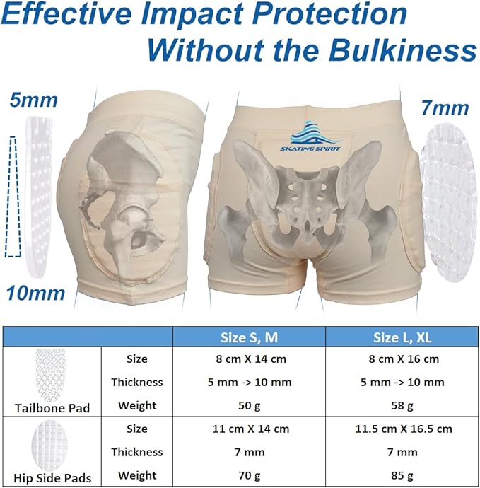 SkatingSpirit Slim Padded Figure Skating Shorts, Hip Tailbone Gel Pad Protective Underwear
