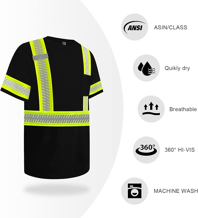 TCCFCCT Construction Shirts Class 2 High Visibility Shirts for Men, Hi Vis Reflective Safety Shirts for Men Women, Short Sleeve Work Shirts with Green Extend Edge, Durable & Breathable, DT-Black M