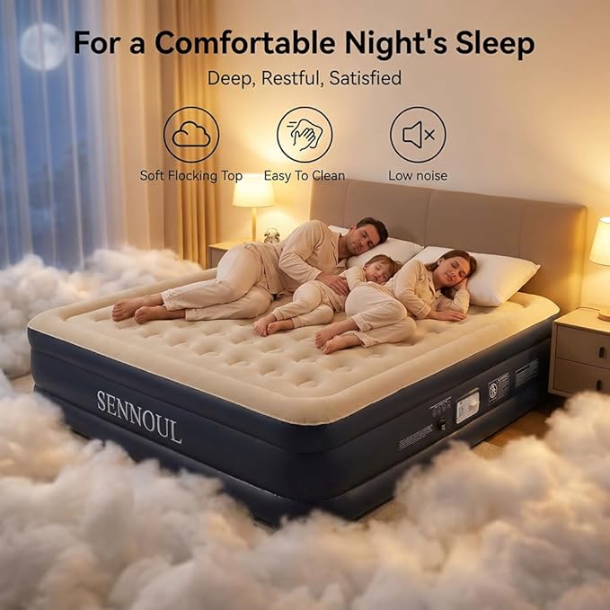 SENNOUL King Size Air Mattress with Built in Pump - Upgraded Blow Up Bed, 2 Mins Quick Self Inflatable/Deflation, 18"/750lbs Max, Strong Support,No Leakage,No Odor,for Home,Guests,Camping,Travel