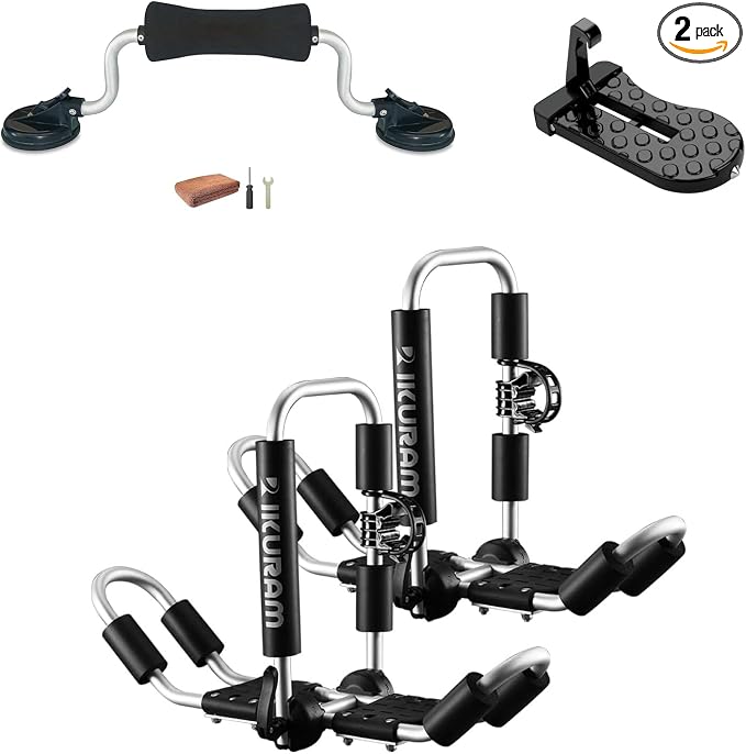 Kayak Roof Rack, Aluminum Kayak Carrier Folding J-Style Universal 4-in-1 Multifunction with Kayak Roller and Car Door Step for Canoe, SUP, Kayaks, Surfboard Rooftop Mount on SUV Car Truck Crossbars