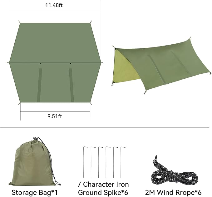Hammock Rain Fly Tent Tarp (11x9ft) Large Ultralight Camping Tarps Waterproof Portable Backpacking Multifunctional Rain Cover for Outdoor Hiking, Picnic, Hammock, Car, Backpacking