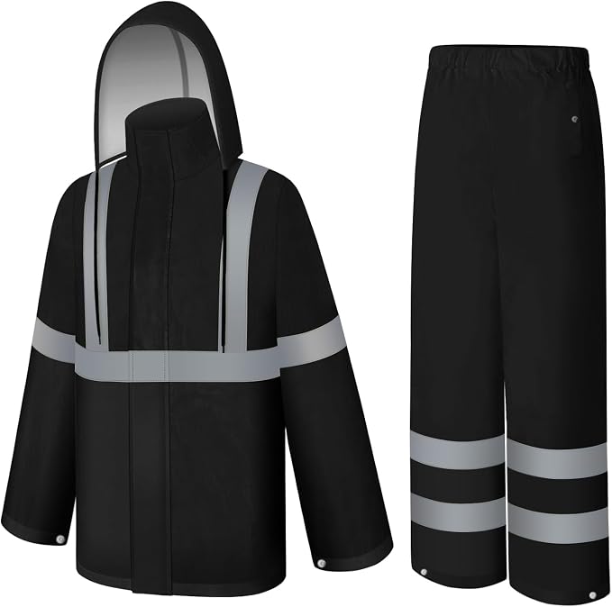 Rain Jacket, High Visibility Rain Coat and Pants, Waterproof Raincoat with Hood, Lightweight Rain Suit for Outdoor Activities, Rain Ponchos for Adults Reusable, Men Women, Black B, S-M
