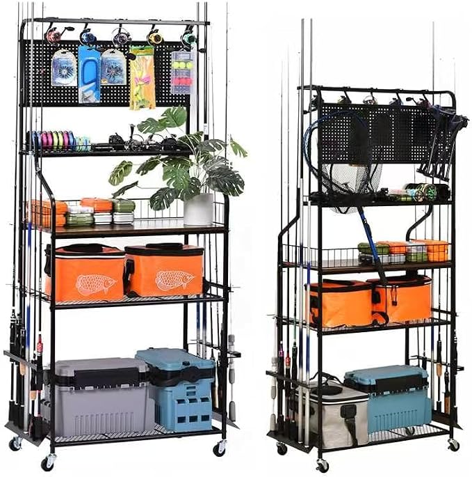 Metal Black Fishing Rod Rack for 12 Rods With Large Storage Capacity, Vertical Fishing Pole Holders for Garage Use for Fishing Gear Storage