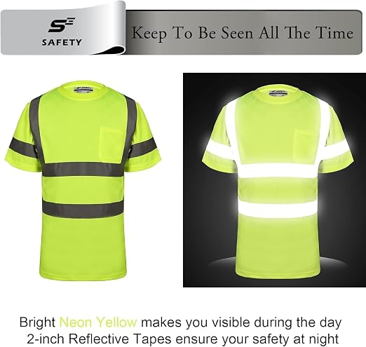 sesafety High Visibility Shirts for Men Class 3 Hi Vis Reflective Construction Shirts for Men with Pocket Safety T Shirt for Mens Work Shirt for Mens Short Sleeve Yellow