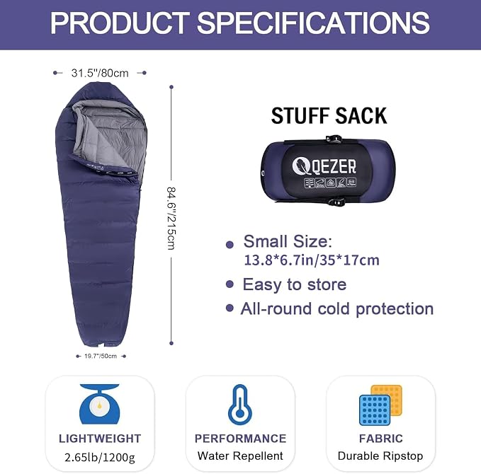 Down Sleeping Bag for Adults, 0°F 10°F 15°F 20°F 600 Fill Power Mummy Lightweight Compact Cold and Warm Weather Backpacking Sleeping Bag for Camping Hiking Outdoor All Seasons