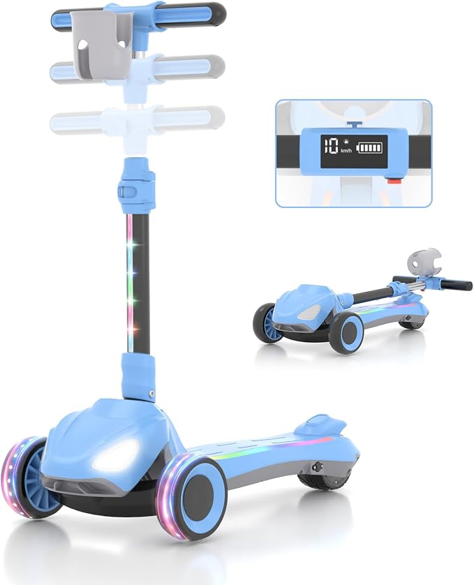SIMATE Electric Scooter for Kids Ages 3+, 3 Wheel Balance Scooter, 3 Adjustable Heights, Foldable & LED Display & Thumb Throttle, Long Battery Life, Full Body Lights Up, Gift for Kids Boys Girls