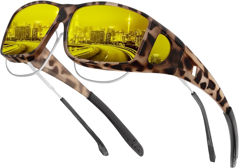 KALIYADI Night-Vision-Glasses Fit-Over-Glasses Wrap-Around Glasses: Anti Glare Night Driving Glasses for men women HD Lens
