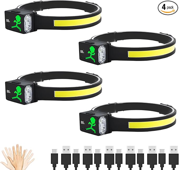 LED Headlamp Rechargeable, Motion Sensor 230° COB Head Lamp, Headlights for Forehead, Hard hat Light for Adults, LED Headband Flashlight for Work, Running, Hiking, Camping Essentials Gear (4)