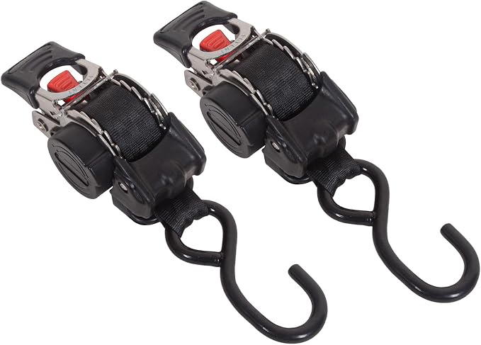 MOTO4U 1" x 6' Bolt-On Retractable Ratcheting Tie-Down Strap,Stainless Steel AutoRetract Marine Strap Transom Tie Downs w/S Hook for Motorcycle Boats Trailers（one Pair）