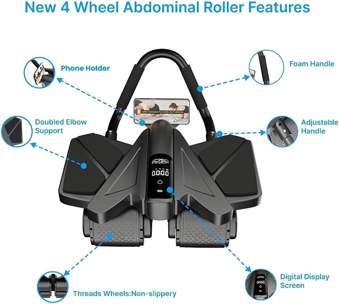 Ab Roller Home Gym Equipment – 4 Wheels Ab Wheel Muscle Roller with Built-in Tracker , 5Pcs Resistance Bands, Ankle Straps, Door Anchor, Handles, Travel Bag – Comfortable Elbow Support with Non-Slip Handles