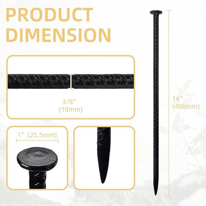 16 Inch Rebar Stakes, 0.4 Inch Diameter Ground Stake, Metal Stakes for Ground, Heavy Duty Ground Anchor Spikes for Speed Bump, Parking Curb and Camping Tent (20Pcs, Black)