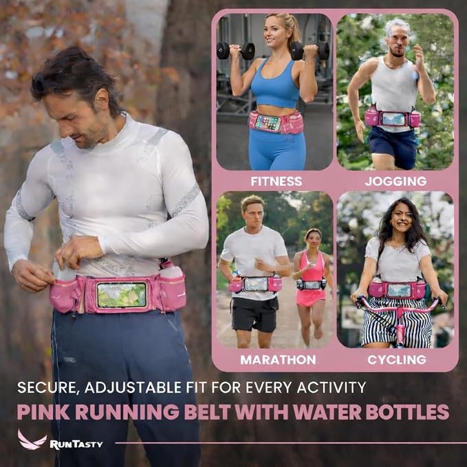 No.1 Hydration Belt by Runtasty - Premium Running Fuel Belt w/2 BPA-Free 10 oz Water Bottles, Tilt-Up Pocket w/Touchscreen-Ready Cover - Fits All iPhones, Runners Ebook & No-Bounce Design