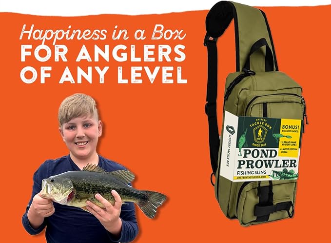 Catch Co Mystery Tackle Box Pond Prowler Sling Fishing Lure Kit with Bonus | Green Sling Pack, Bonus Multi-Species Bait and Decal, Fishing Gear Storage